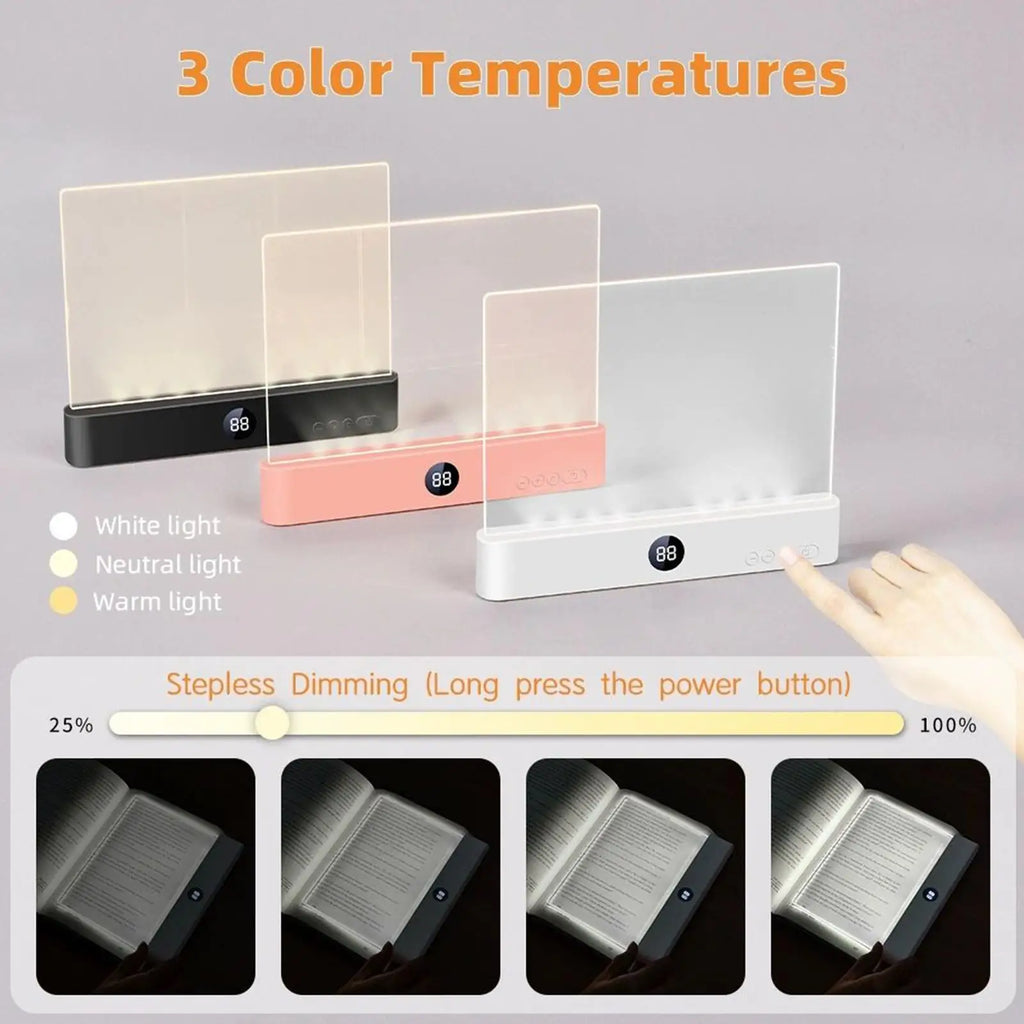 Book Lamp , Rechargeable Clear LED Flat Reading Light With 3 Colors & Timer, Plate Lamp Book Full Light White